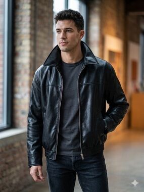 Men's Black Leather Bomber Jacket - Classic Zip Front